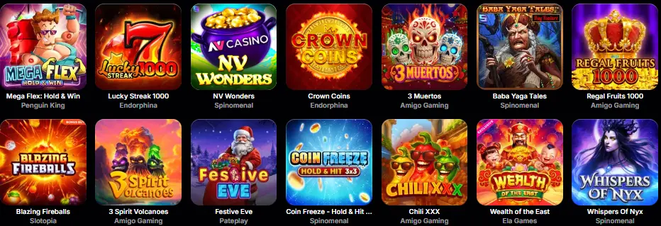 Screenshot der NV Casino Spieloberfläche mit Slot-Spielen